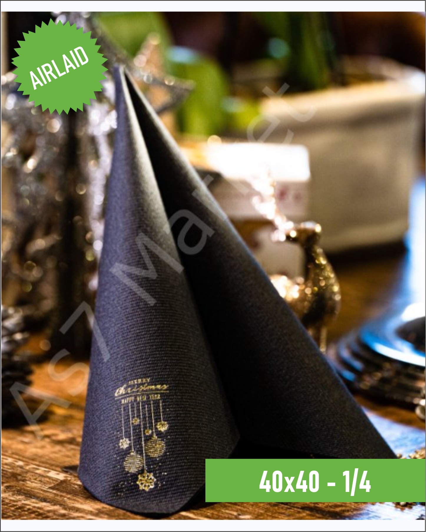 Airlaid Kumaş Dokulu Yılbaşı Desenli Siyah 1/4 Peçete 20'li Paket