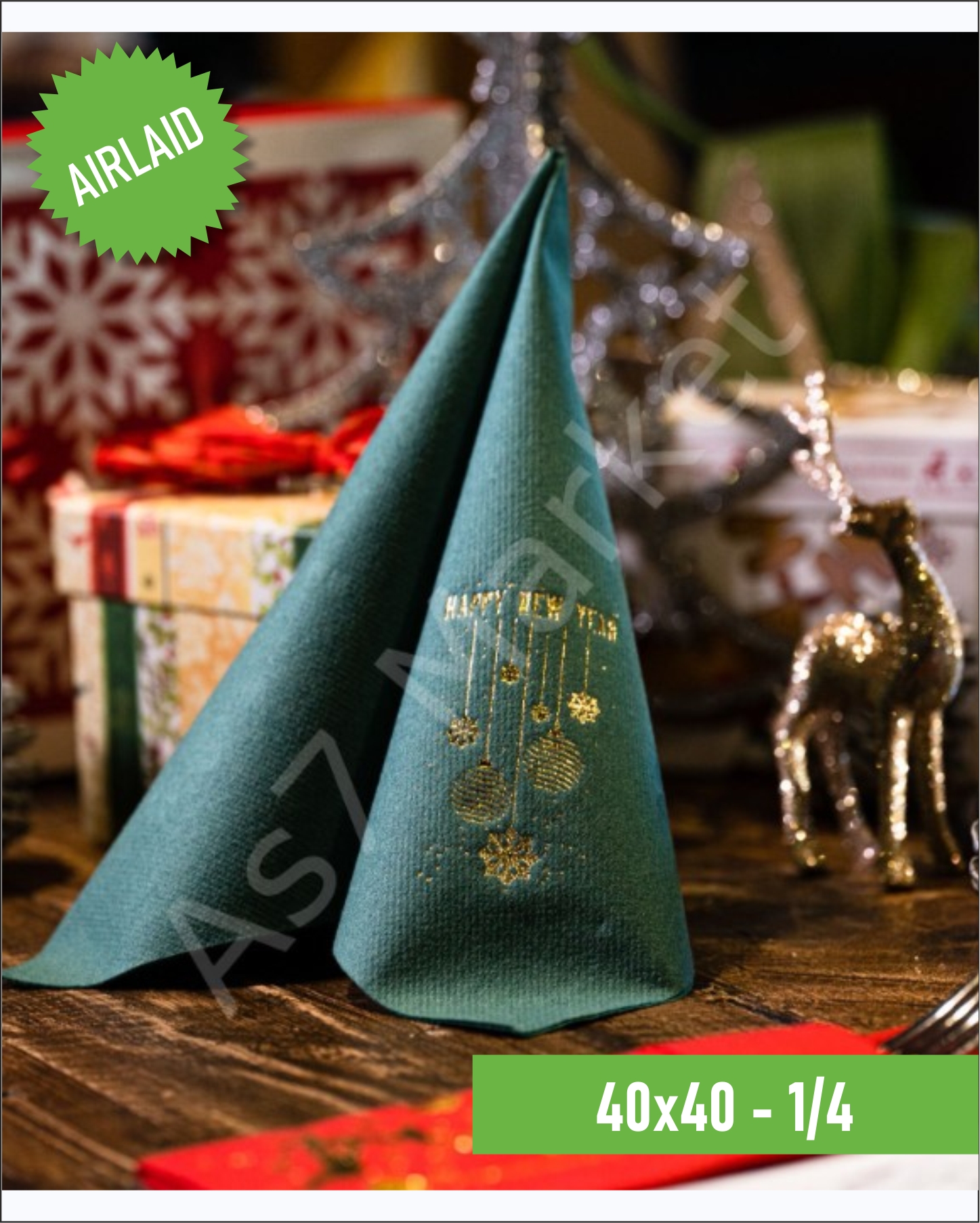 Airlaid Kumaş Dokulu Yılbaşı Desenli Yeşil 1/4 20'li Paket