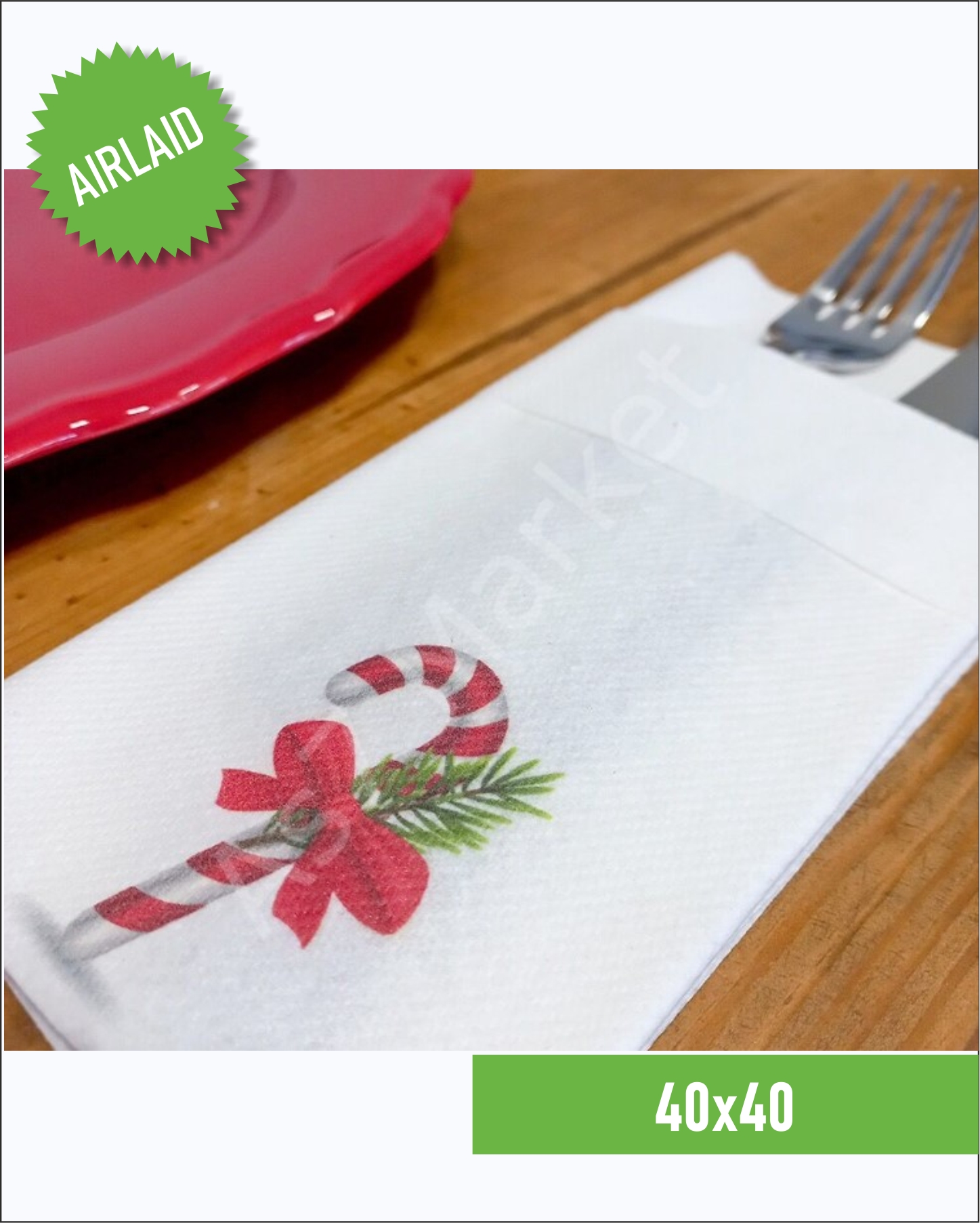 Airlaid Kumaş Dokulu Baston Baskılı Beyaz Cepli Peçete 20'li Paket