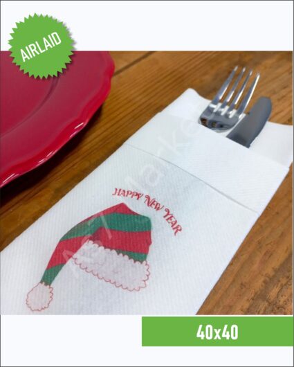 Airlaid Kumaş Dokulu Şapka Baskılı Beyaz Cepli Peçete 20’li Paket