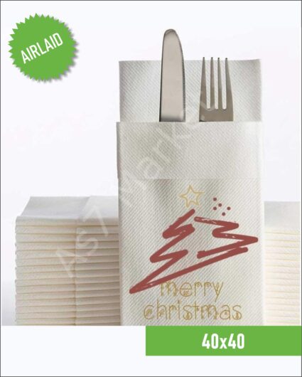 Airlaid Kumaş Dokulu Beyaz Ağaç Desenli ve Merry christmas Yazılı Peçete 50’li Paket