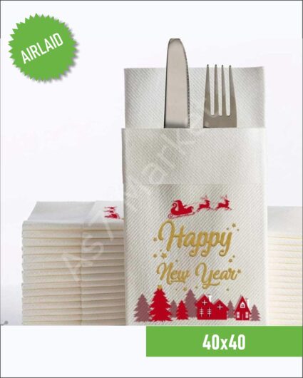 Airlaid Kumaş Dokulu Beyaz Happy new year Yazılı Peçete 50’li Paket