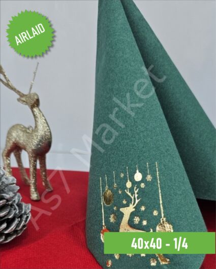 Airlaid Kumaş Dokulu Yılbaşı Desenli Yeşil 1/4 Peçete 20’li Paket