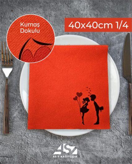Airlaid Kalpli Sevgili Baskılı Kırmızı Peçete 40×40 1/4