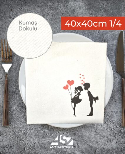 Airlaid Kalpli Sevgili Baskılı Beyaz Peçete 40×40 1/4